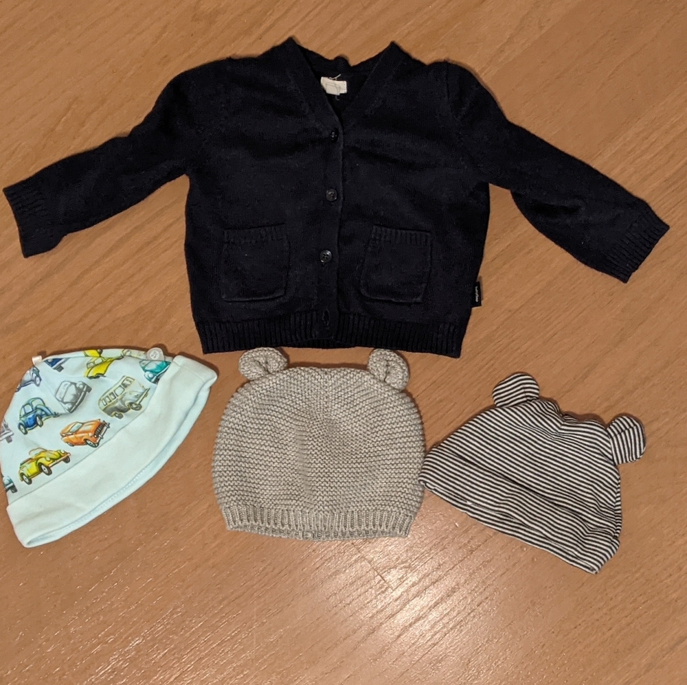 Set of 3-6 mo cardigan and beanies with bear ears